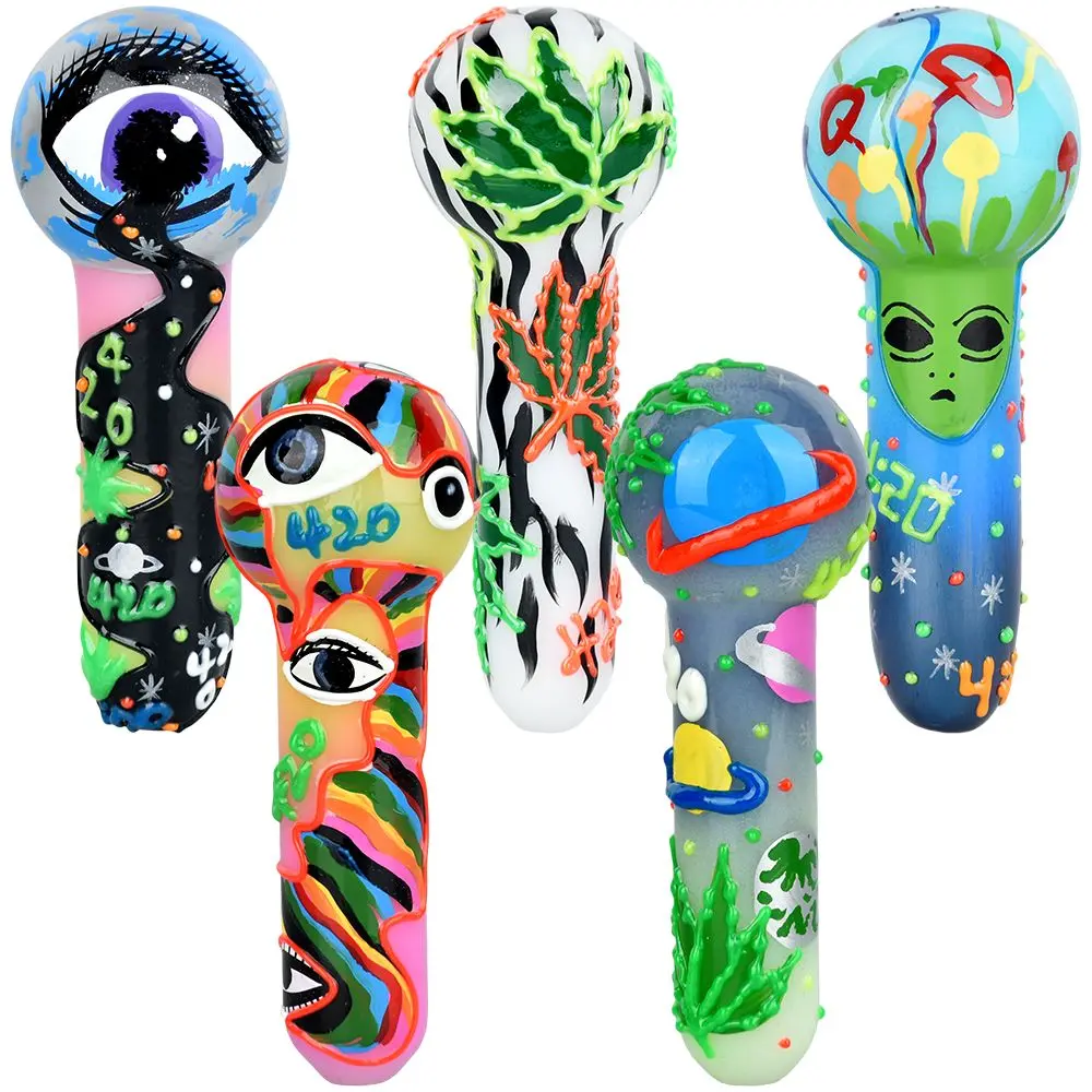 420 Painted Glow In The Dark Glass Hand Pipe - 5" / 6Ct 1