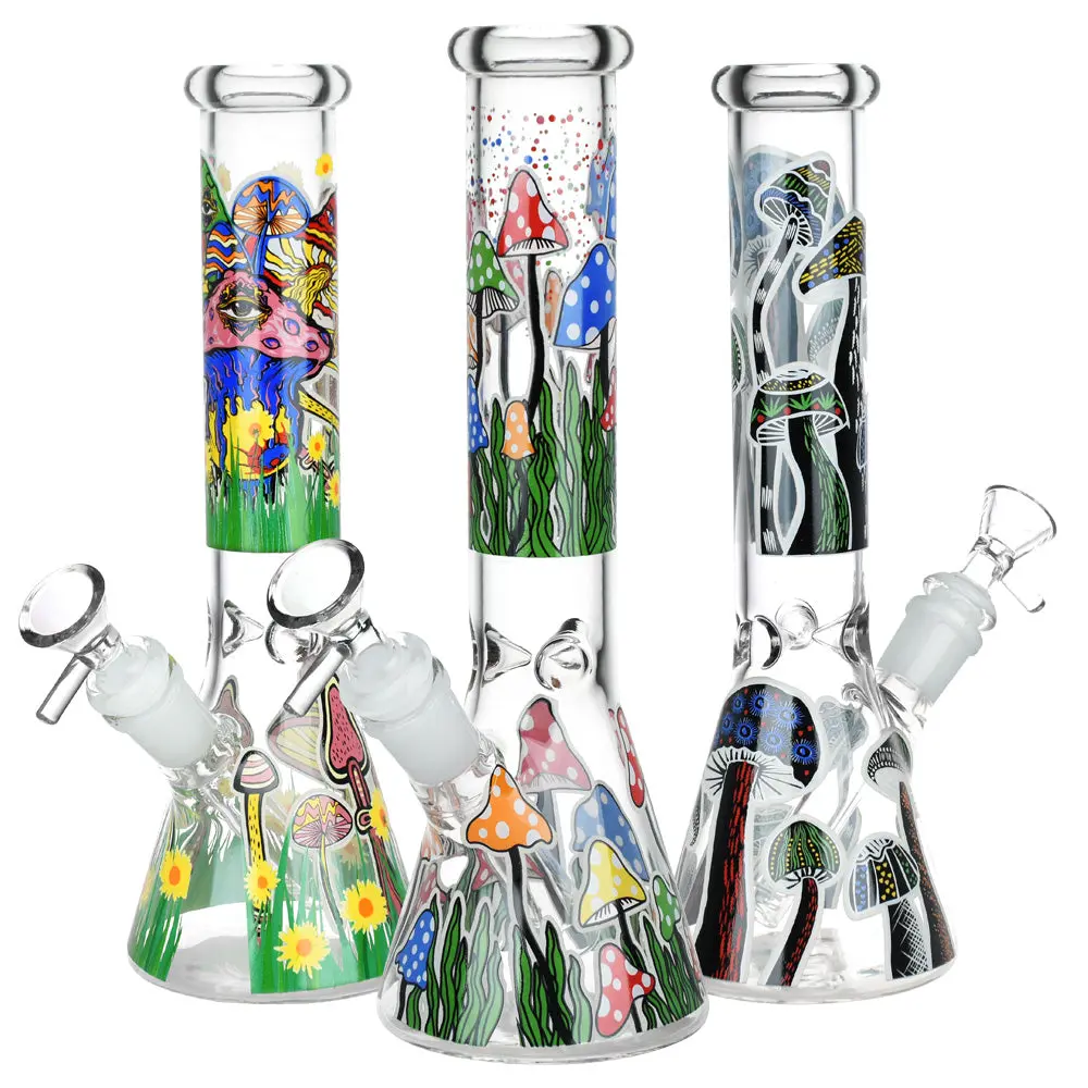 Shrooms Are Watching Glow Glass Beaker Water Pipe - 10" / 14Mm F / Designs Vary 1