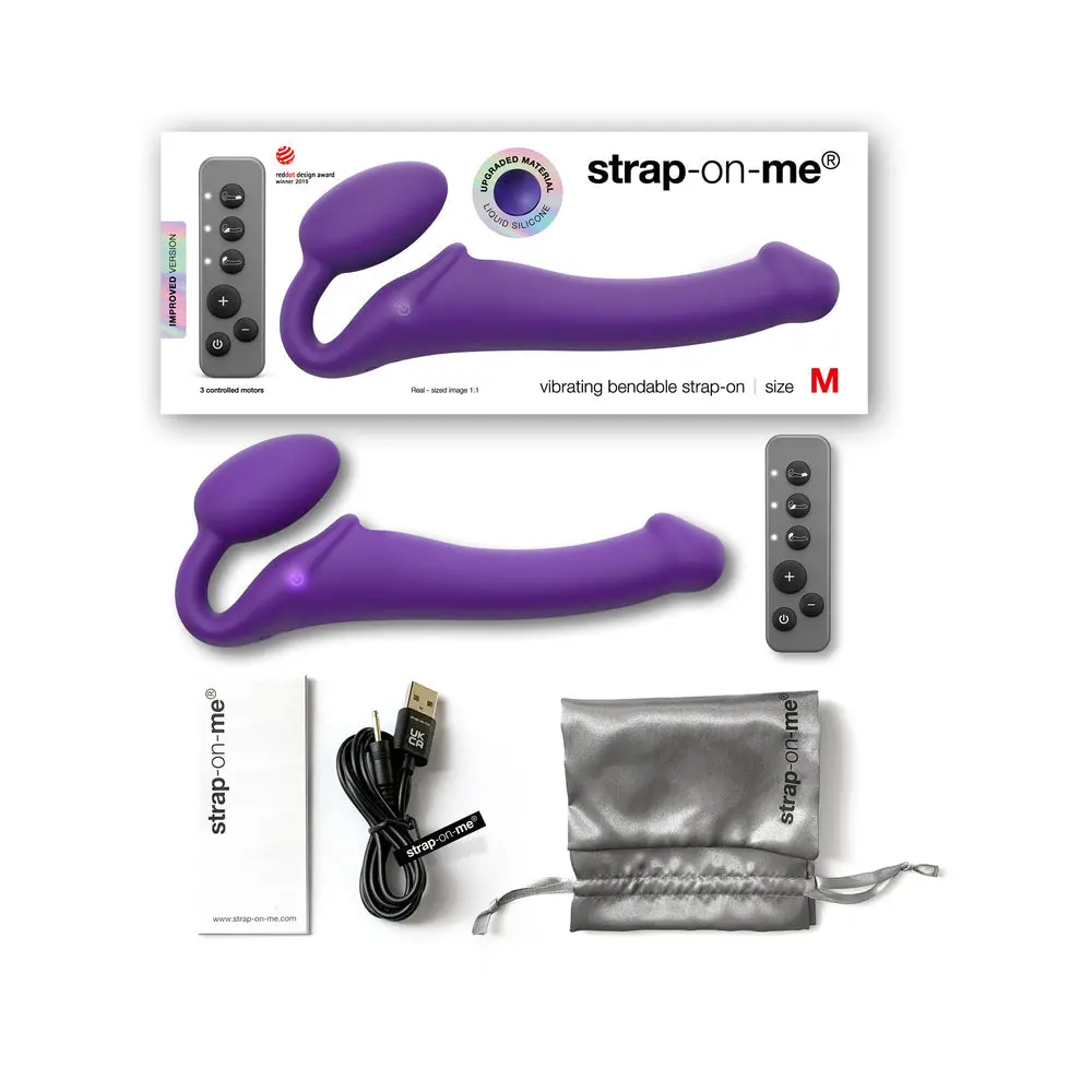 Strap-On-Me Rechargeable Remote-Controlled Silicone Vibrating Bendable Strap-On Purple M 1