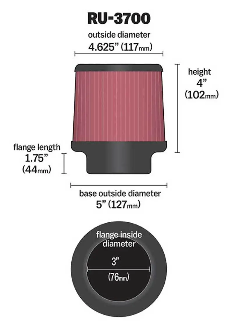K&N Univeral Rubber Filter Round Tapered 4.625In Top Od X 5In Base Od X 4In H 1