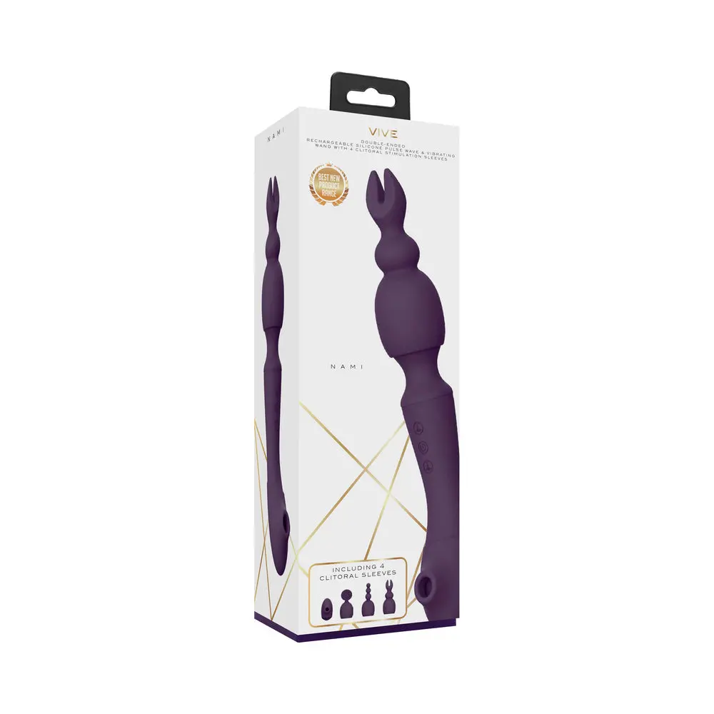 Vive Nami Dual-Ended Pulse Wave & Vibrating Wand With Interchangeable Sleeves Purple 1