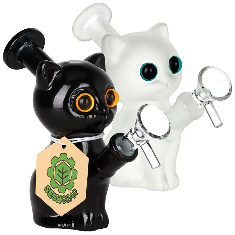 2Pc Set - Seshgear Mesmorizing Kitty Glass Water Pipe  - 4.75" / 14Mm F / Assorted Colors 1