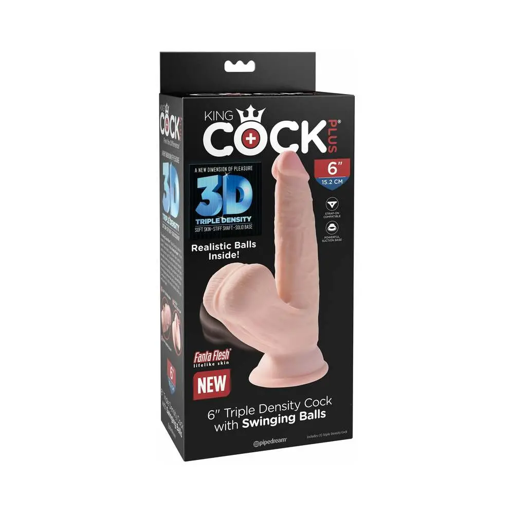 King Cock Plus 6 In. Triple-Density Cock With Swinging Balls Dildo Beige 1