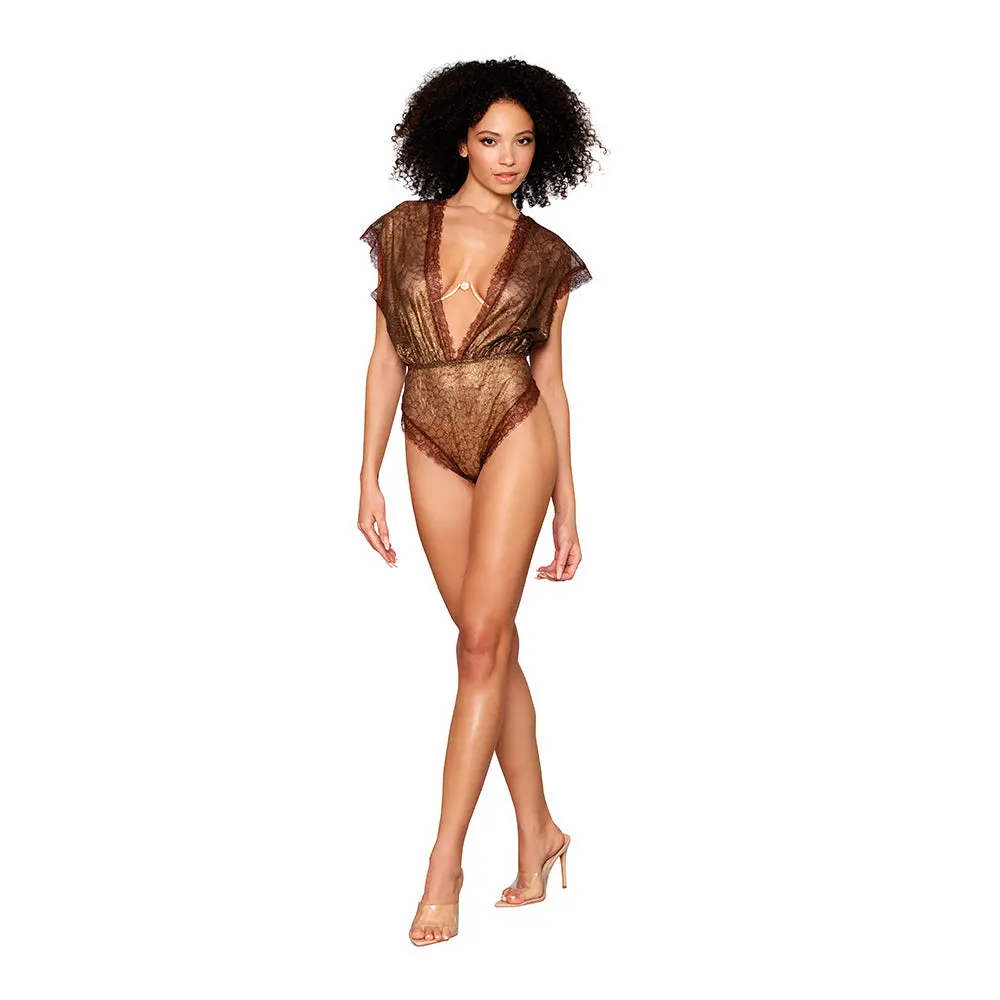 Dreamgirl Delicate Gold-Foil Lace Blouson Teddy & Rhinestone Metal Underwire Bra Set Gold L 1