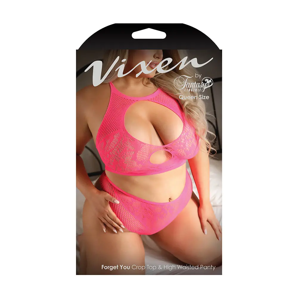 Fantasy Lingerie Vixen Forget You Seamless Lace Crop Top & High Waisted Panty Pink Queen Size 1