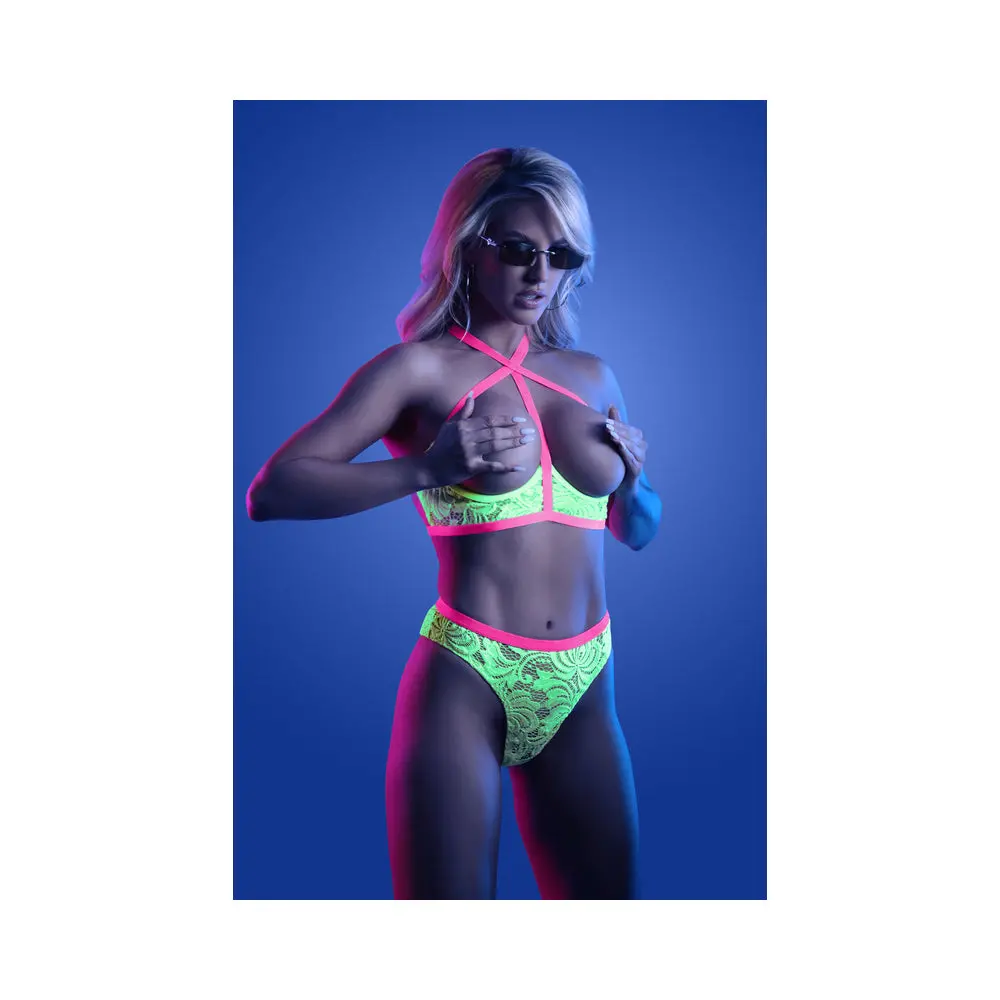Fantasy Lingerie Glow Persuasive Open Cup Cage Bra & Panty Neon Green S/M 2
