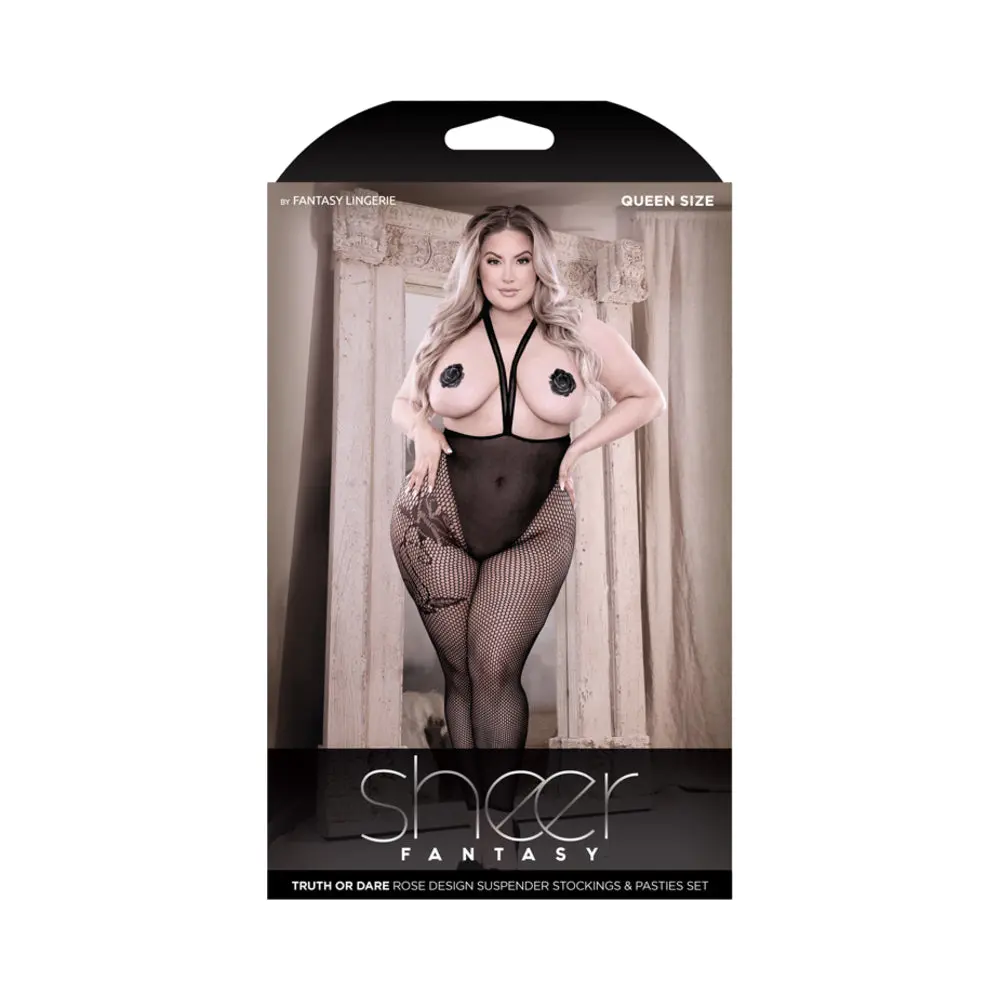 Fantasy Lingerie Sheer Truth Or Dare Suspender Stockings & Pasties Set Black Queen 1