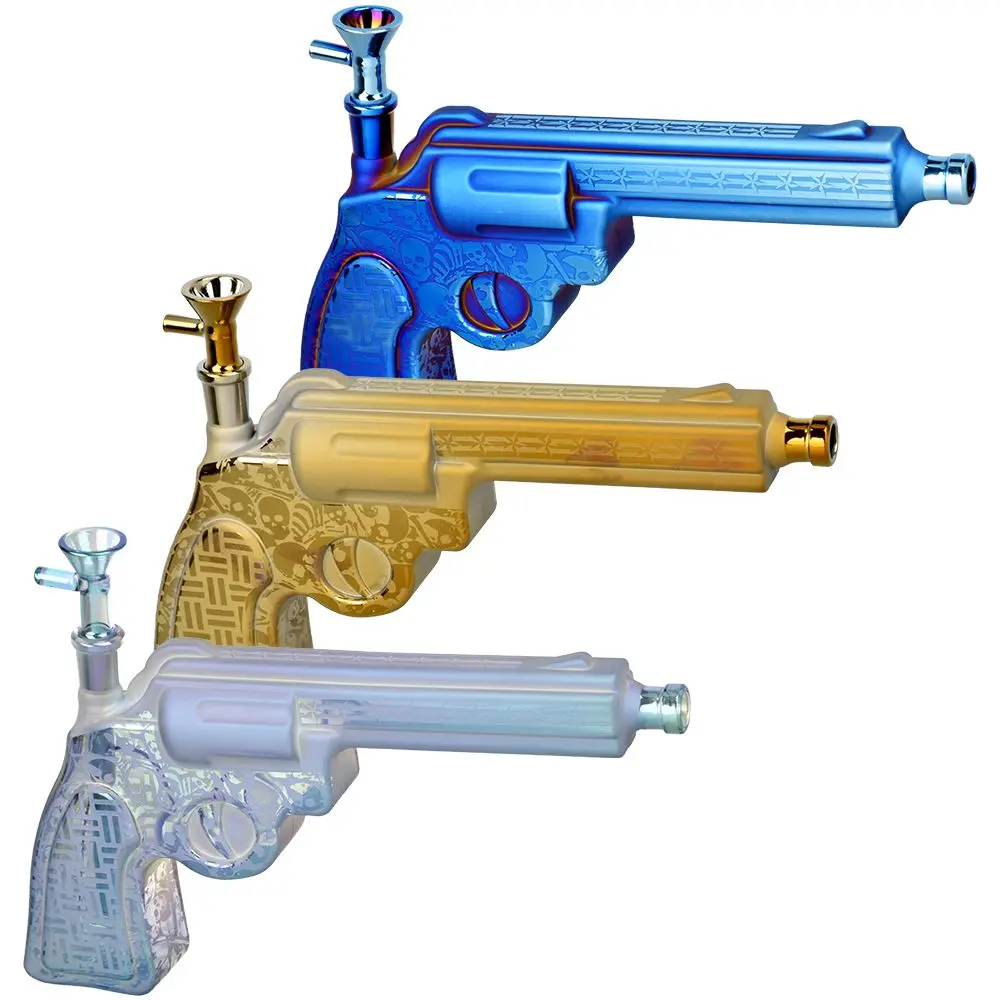 Six Gun A-Blazin' Electroplated Glass Pistol Bubbler - 10.75" / 14Mm F / Colors Vary 1