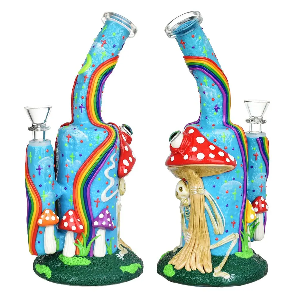 Wide Eyed Shroom And Smoking Skeleton Glow In Dark Water Pipe - 9.5" / 14Mm F 1