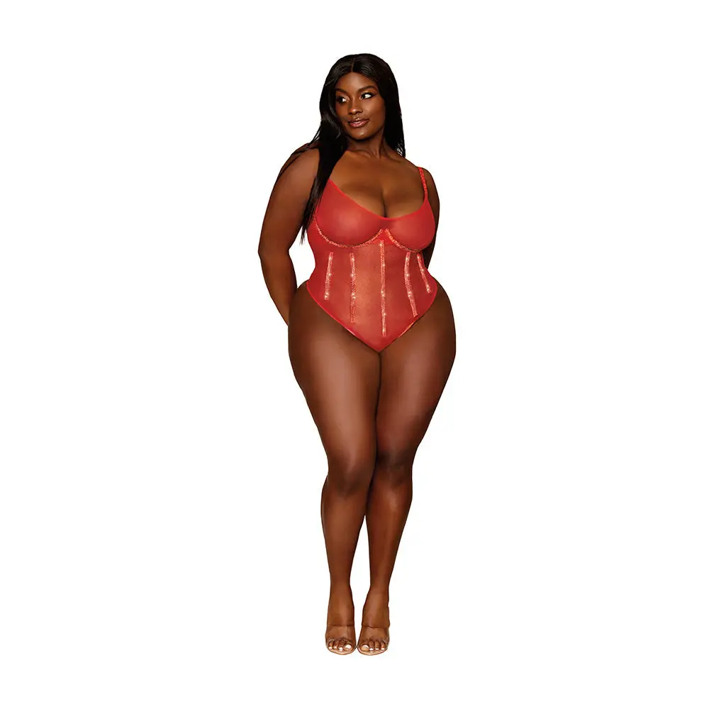 Dreamgirl Gold-Foiled Stretch Mesh Teddy With Rhinestone Detailing And Heat-Sealed Edges Ruby 2Xl 1