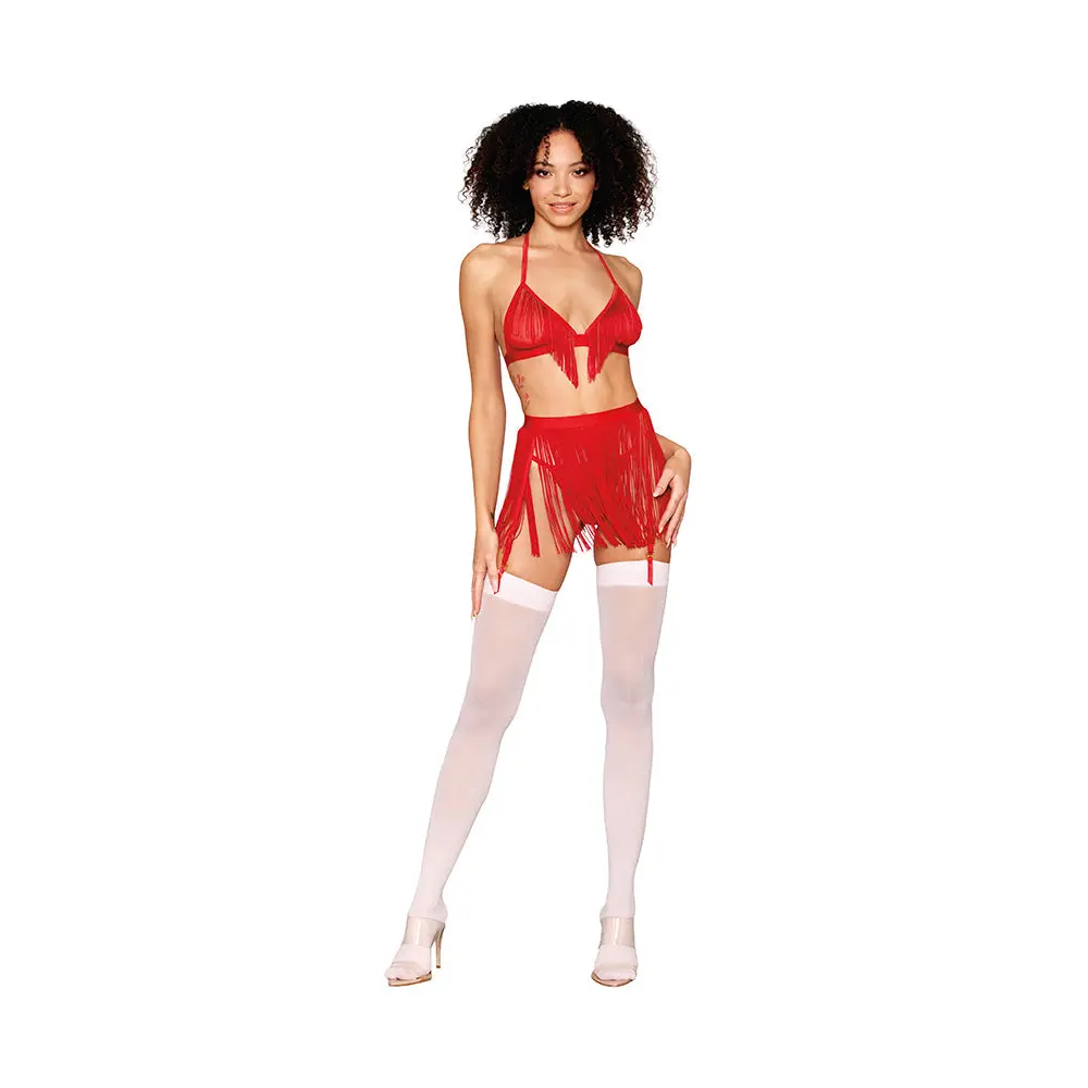 Dreamgirl Chainette Fringe Bralette, Garter Belt, And G-String Set Ruby O/S 1