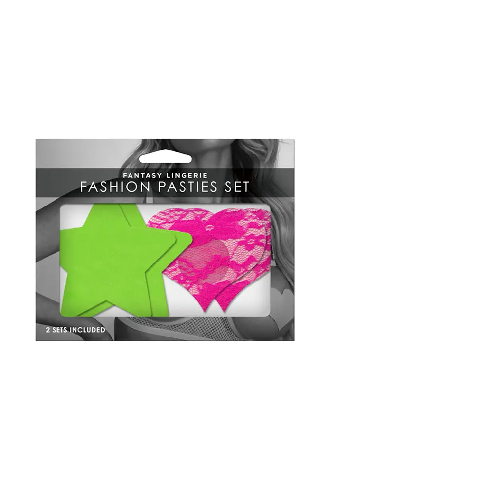 Fantasy Lingerie Neon Pasties 2-Pack Solid Neon Green Star & Neon Pink Lace Heart 1