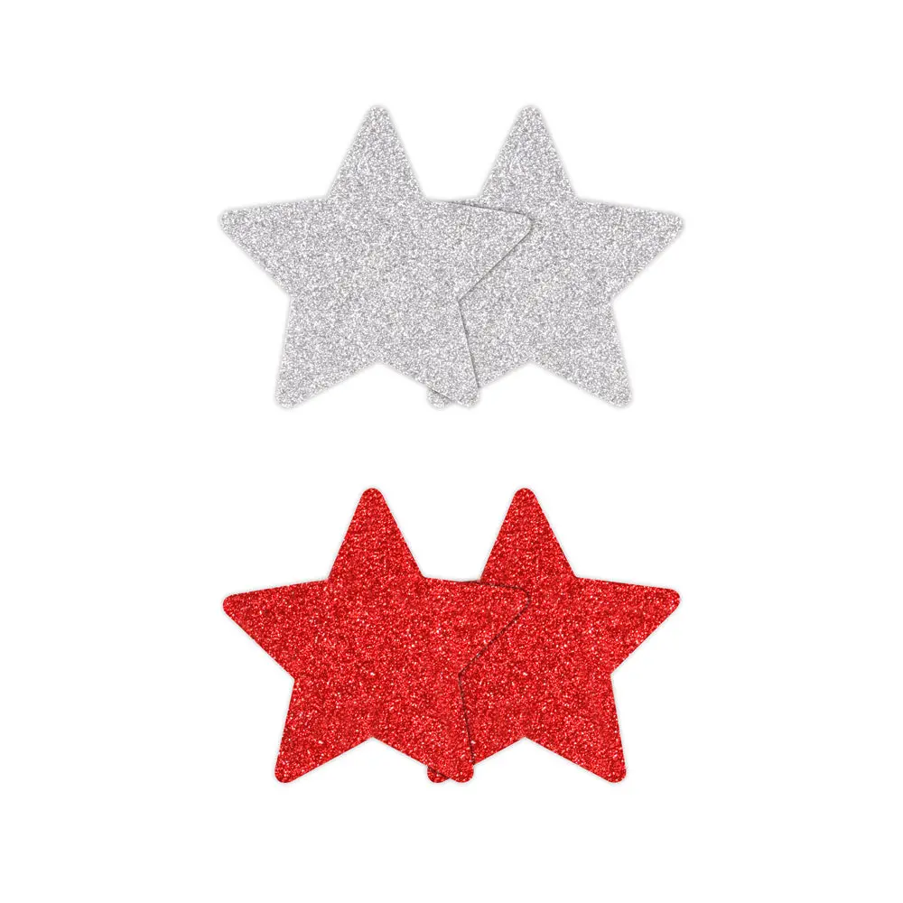 Pretty Pasties Glitter Stars Red/Silver 2 Pair 2