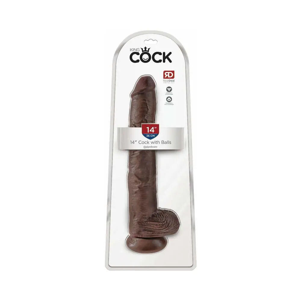 King Cock 14 In. Cock With Balls Realistic Suction Cup Dildo Brown 1