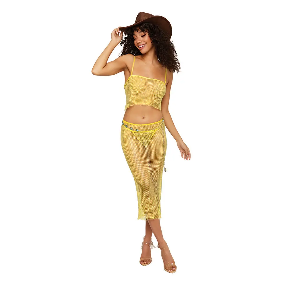 Dreamgirl Iridescent Rhinestone Embellished Fishnet Camisole And G-String Set Citrus L 1