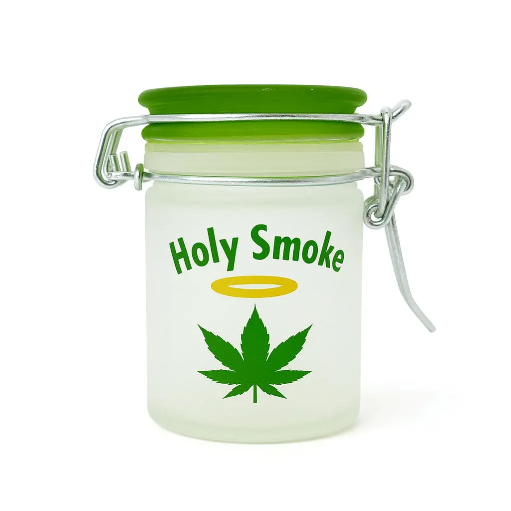 Frosted Glass Holy Smoke Airtight Green Lid Storage Jar 1
