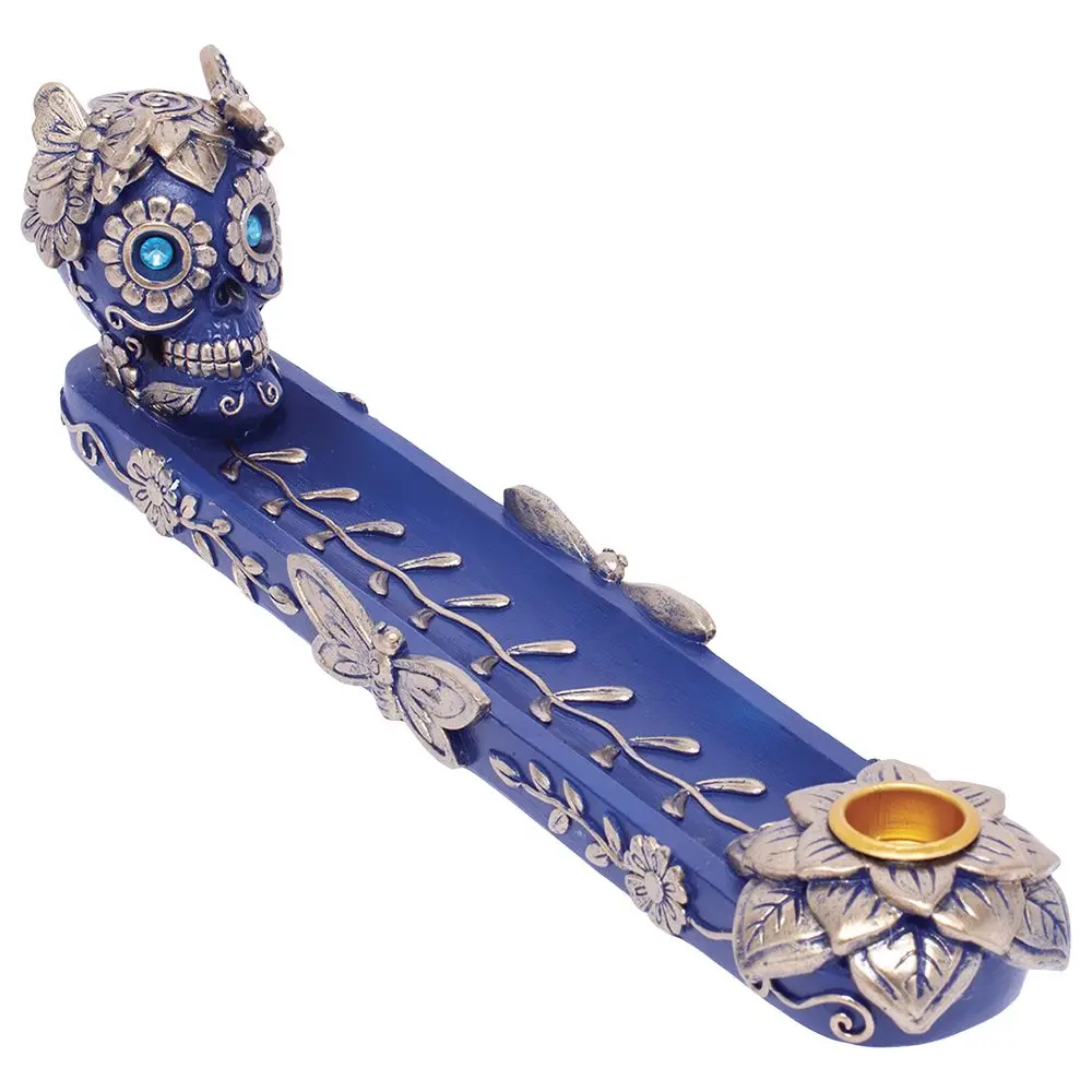 Fujima Golden Blue Skull & Butterfly Stick & Cone Incense Burner - 11" 1