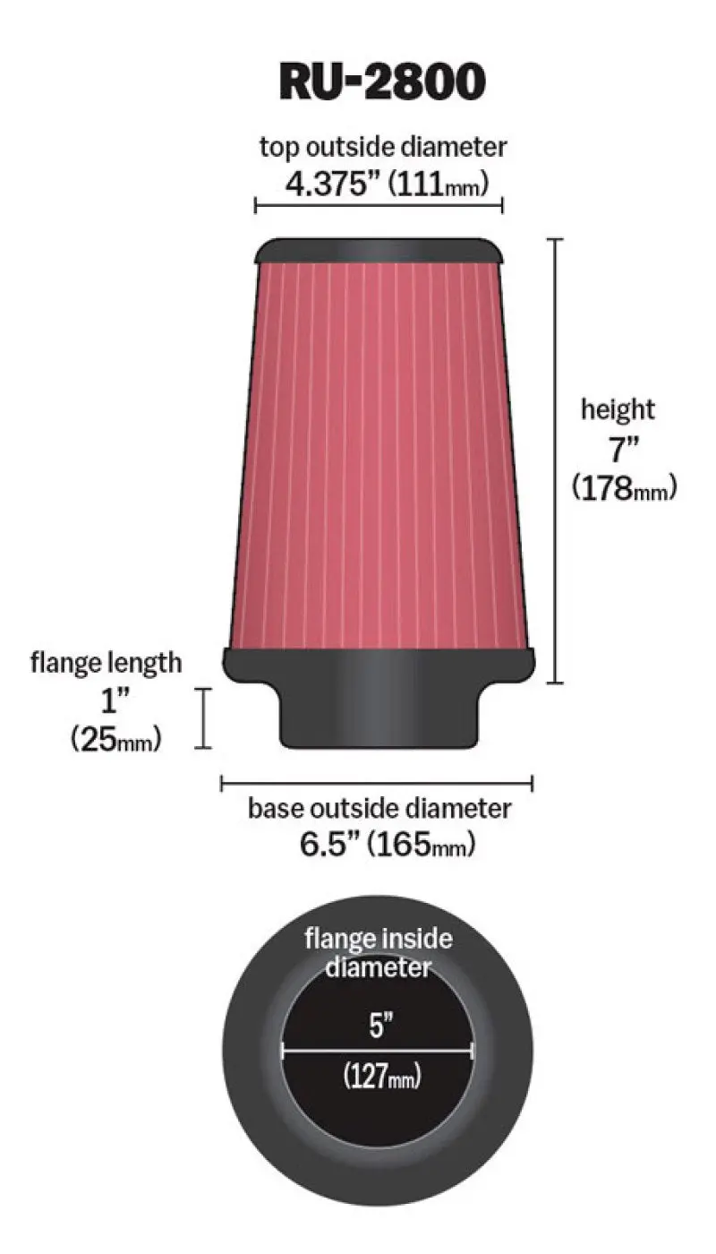 K&N Filter Universal Rubber Filter 5 Inch Flange 6 1/2 Inch Base 4 3/8 Inch Top 7 Inch Height 1