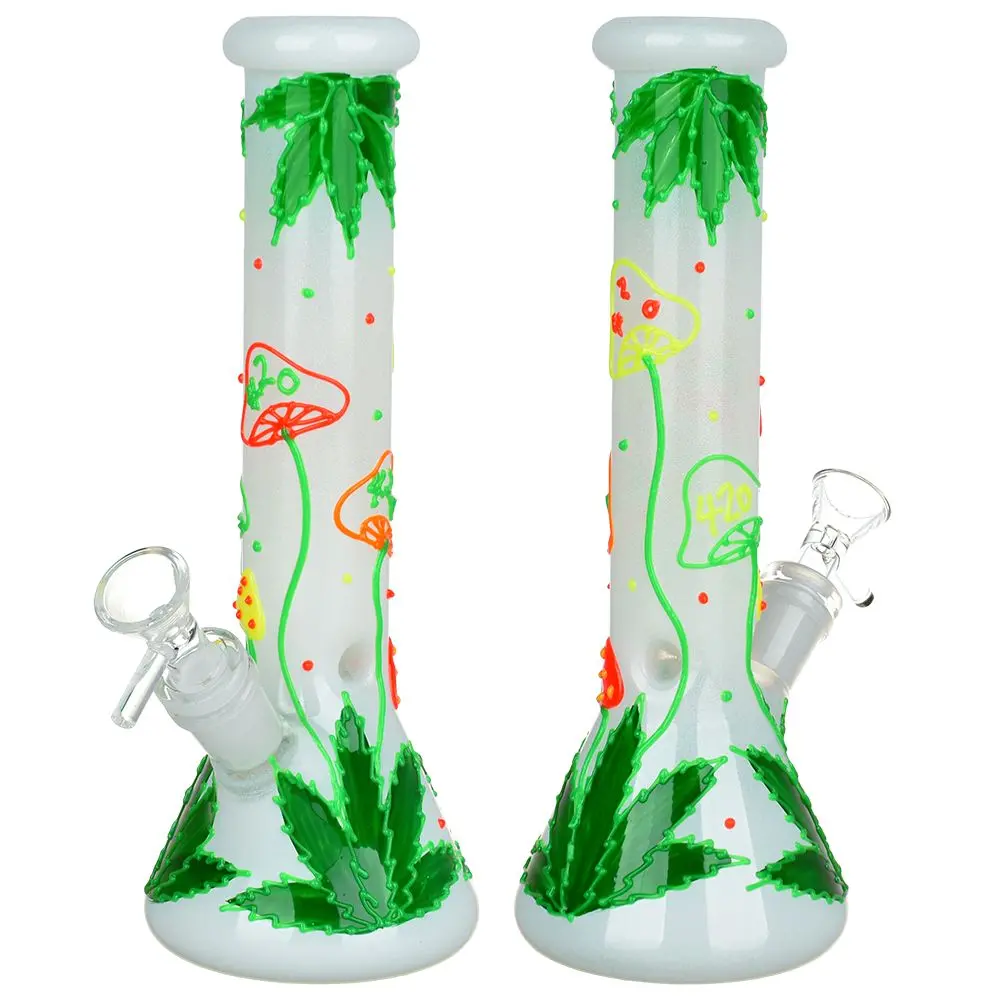 Hemp Leaf & Shrooms Glow In The Dark Bong - 9.5" / 14Mm F 1