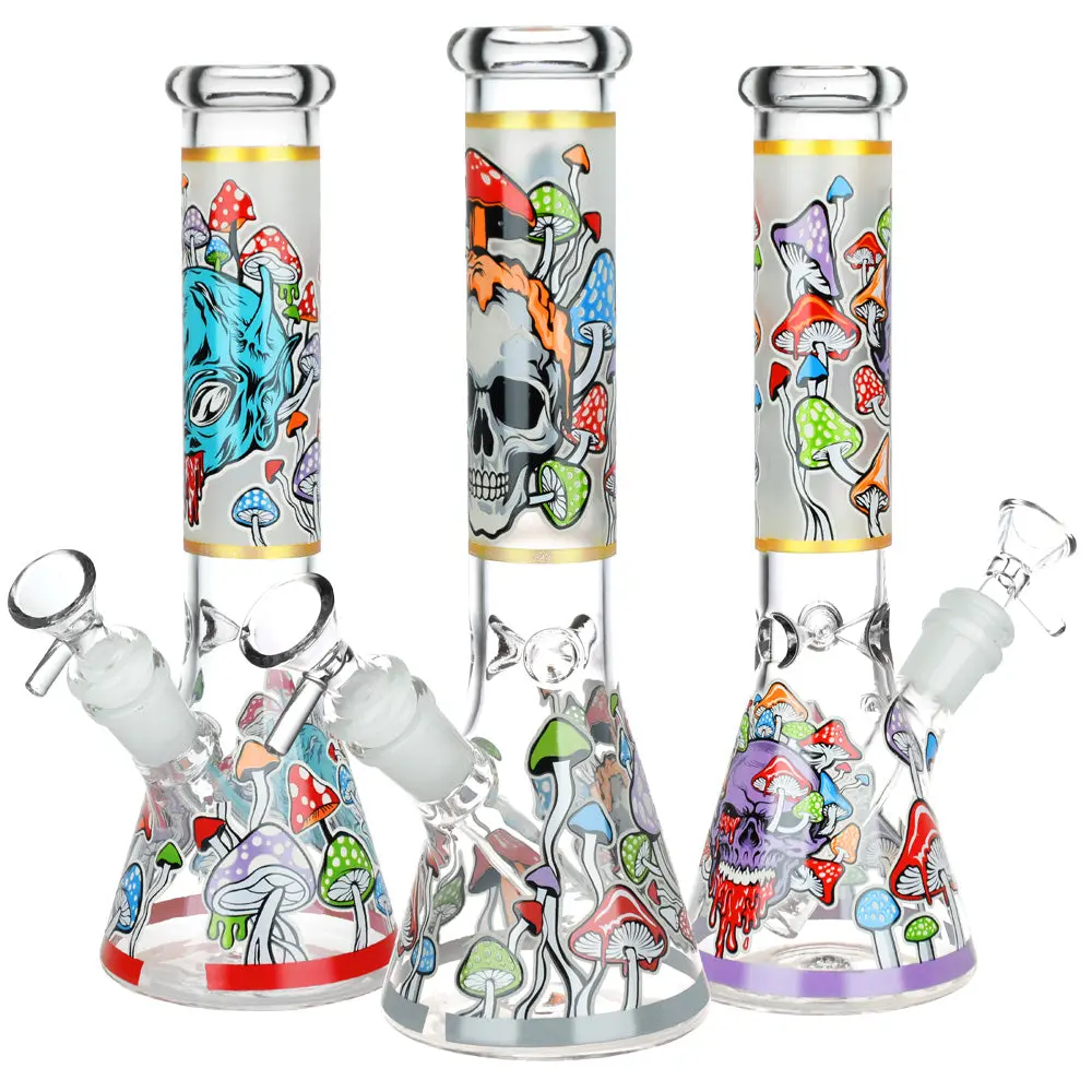 Monsters And Shrooms Glow Glass Beaker Water Pipe - 10" / 14Mm F / Designs Vary 1