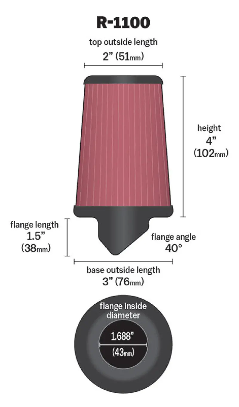 K&N Universal Rubber Filter Round Tapered 3In Base Od X 2In Top Od X 4In H - 73-78 Honda Atc90 2