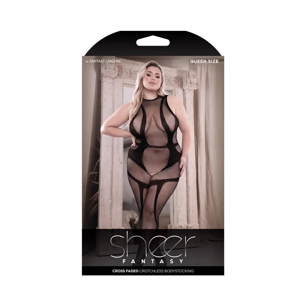 Fantasy Lingerie Sheer Cross Faded High Neck Crotchless Bodystocking Black Queen Size 1