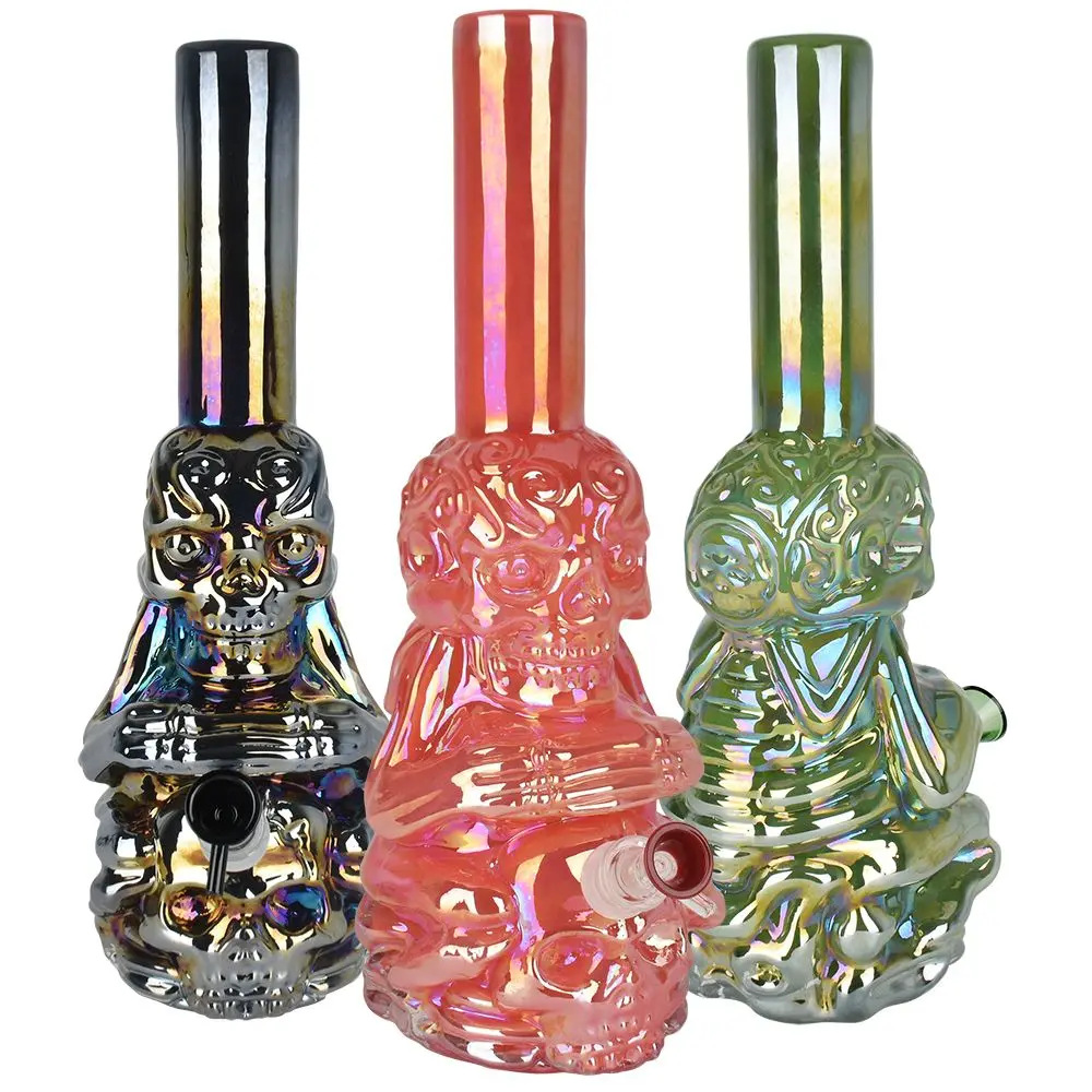 Iridescent Crouching Skeleton Soft Glass Water Pipe - 13.5" 1