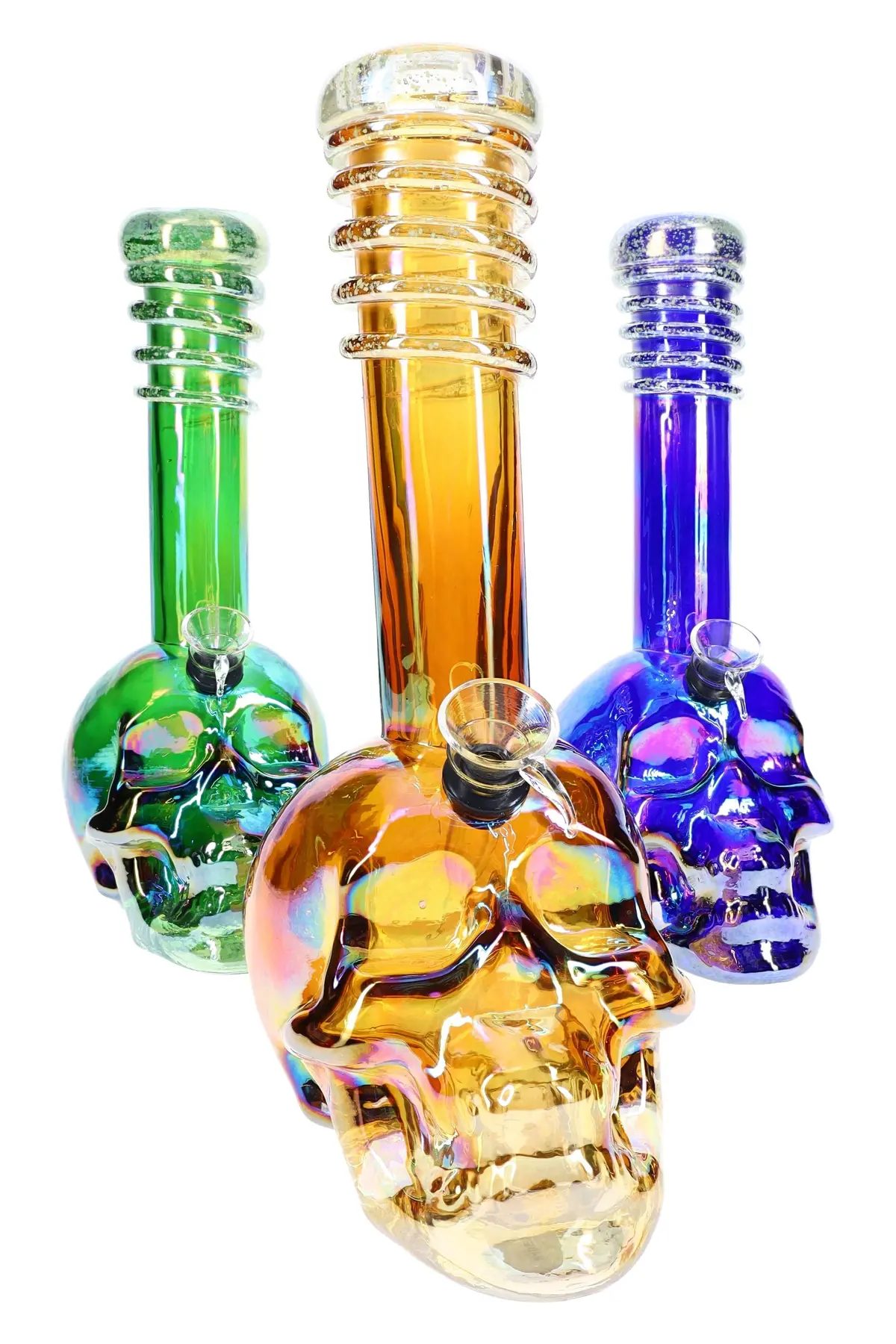 Metallic Skull Glass Bong “Neon Nightmare” – 10½″ – Glow Mouthpiece – Assorted Colors 1