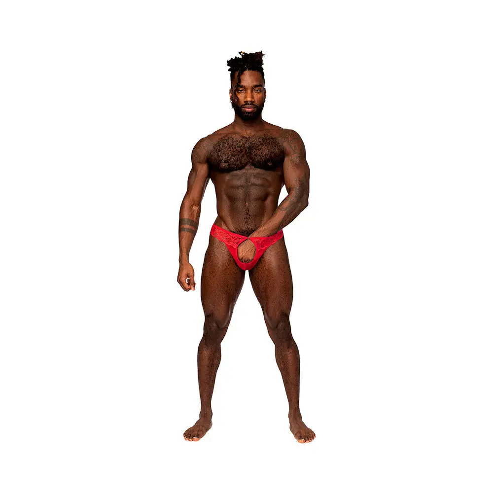 Male Power Sassy Lace Open Ring Thong Red L/Xl 1