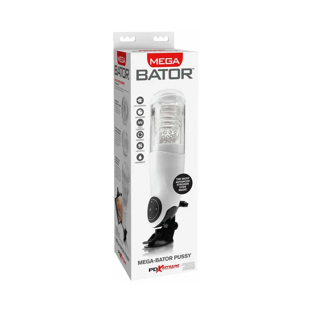 Pdx Mega-Bator Pussy Rotating Thrusting Stroker With Suction Cup Clear/White 1