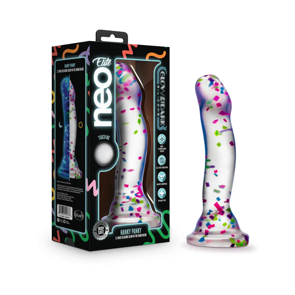Neo Elite Hanky Panky 7.5 In. Glow-In-The-Dark Silicone Confetti Dildo 1