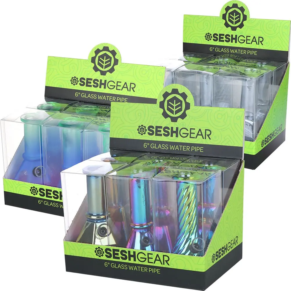 Seshgear Glass Mini Water Pipe | 6" | Grommet | Assorted Styles | 6Ct Display 1