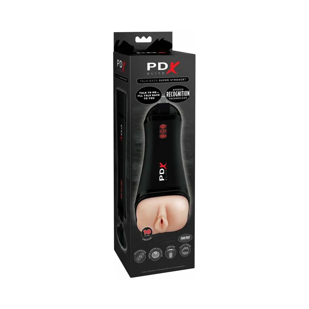 Pdx Elite Talk-Back Rechargeable Vibrating Super Stroker With Hands-Free Suction Cup Beige/Black 1