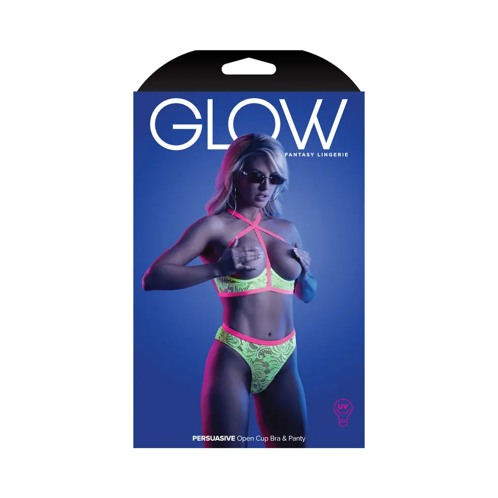Fantasy Lingerie Glow Persuasive Open Cup Cage Bra & Panty Neon Green S/M 1