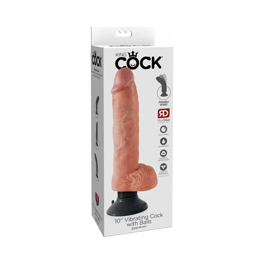 King Cock 10 In. Vibrating Cock With Balls Poseable Suction Cup Dildo Beige 1