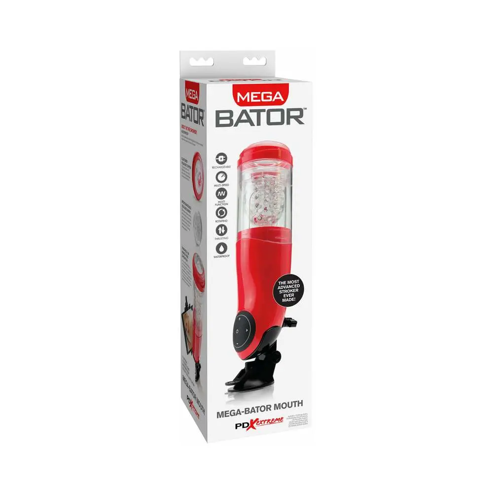 Pdx Mega-Bator Mouth Rechargeable Rotating Thrusting Stroker With Hands-Free Suction Cup Clear/Red 1