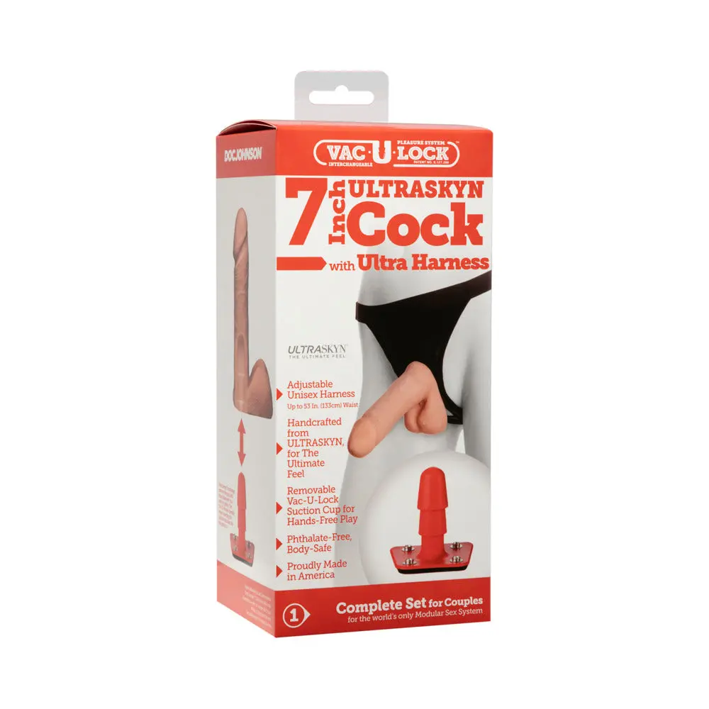 Vac-U-Lock - 7 Inch Ultraskyn Cock - With Ultra Harness White 1