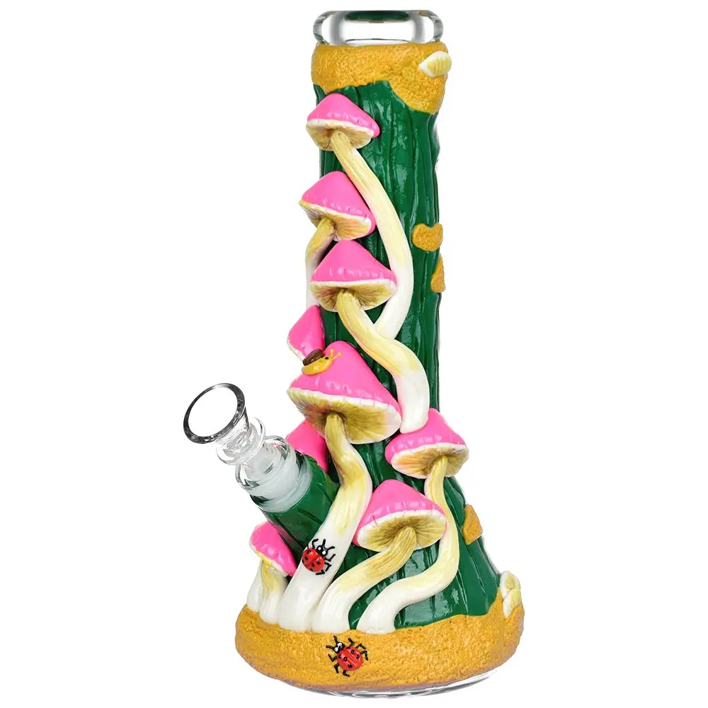 Mushroom Madness Glow In Dark Glass Beaker Water Pipe - 10" /14Mm F/ Colors Vary 1