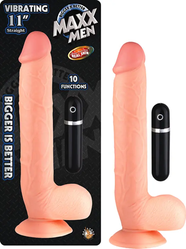 Maxx Men Vibrating 11In. Real Skin Straight Dong With Balls & Suction Cup (Ivory) 1