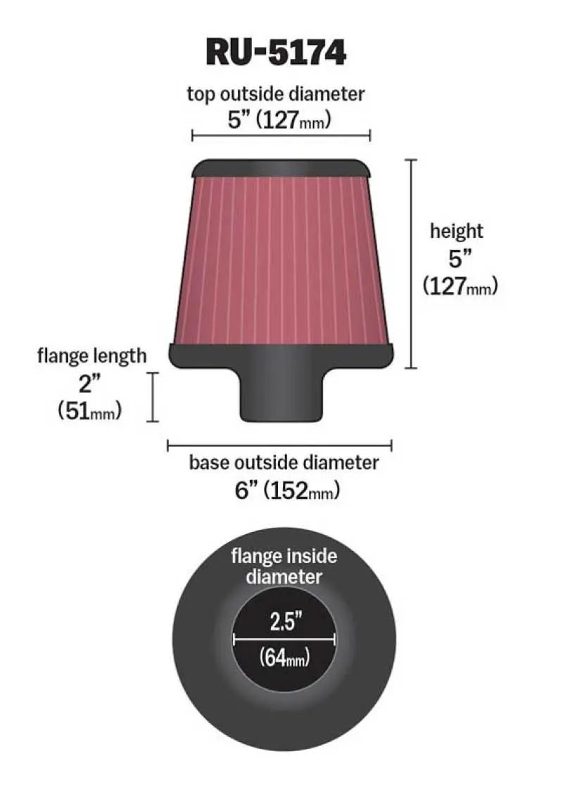 K&N Universal Rubber Filter-Round Tapered 2.5In Flange Id X 6In Base Od X 5In Top Od X 5In Height 2