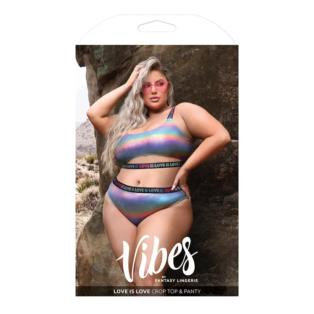 Fantasy Lingerie Vibes Love Is Love Underboob Cutout Top & Cheeky Panty Rainbow Holo Queen Size 1