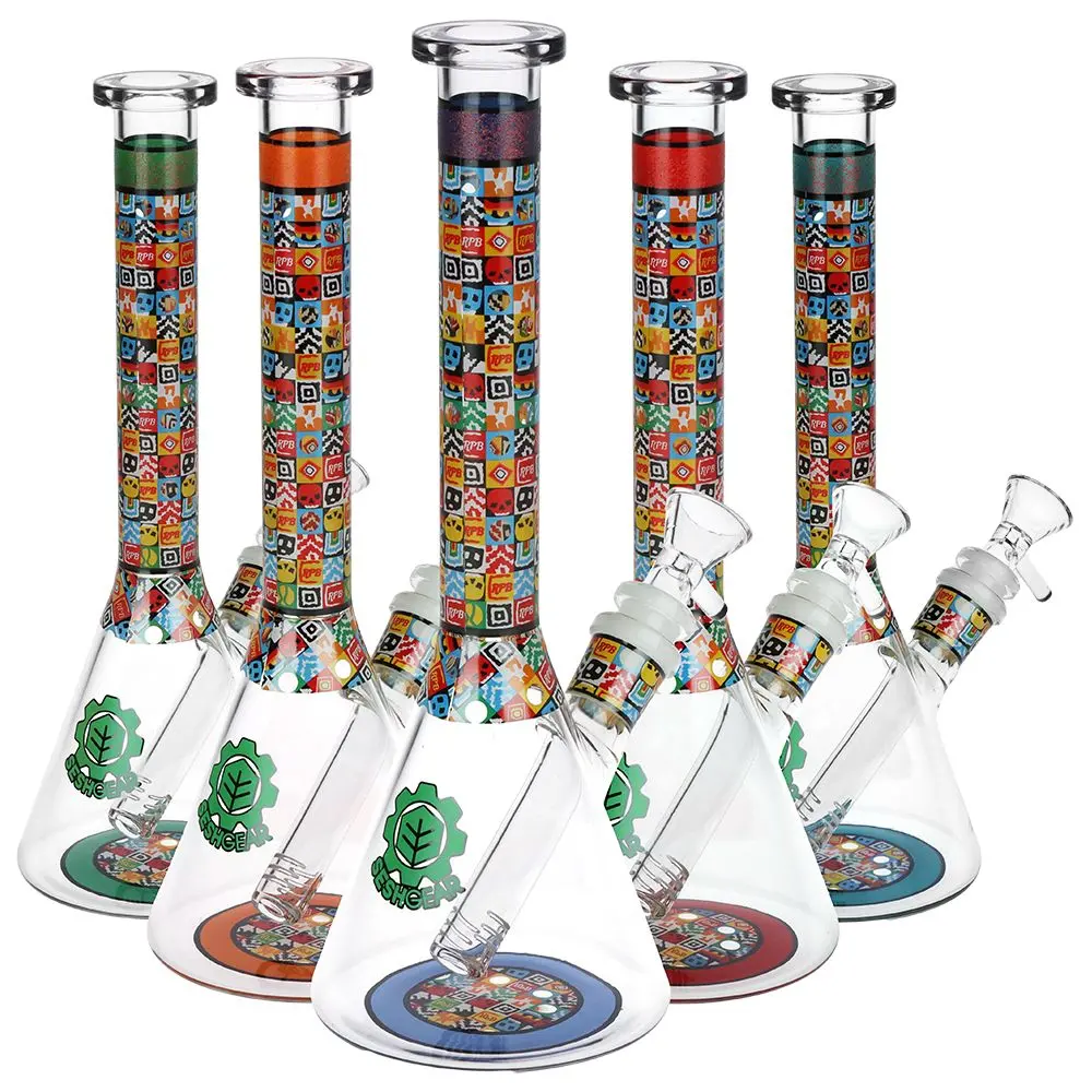 Seshgear Icon Blocks Pattern Beaker Glass Water Pipe - 10" / 14Mm F / Colors Vary 1