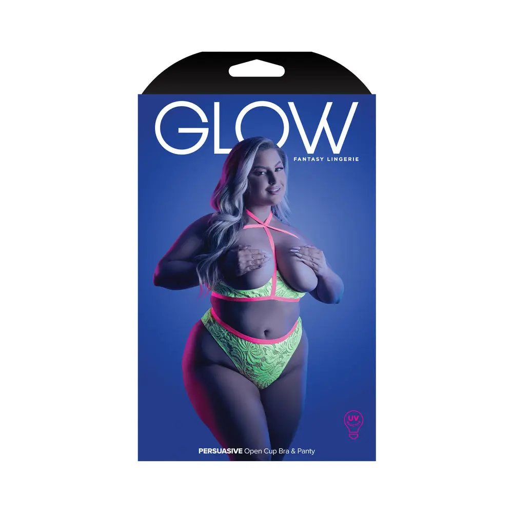 Fantasy Lingerie Glow Persuasive Open Cup Cage Bra & Panty Neon Green Queen 1