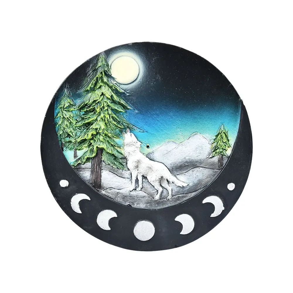 Lone Wolf Polyresin Round Incense Burner - 4.8" 1