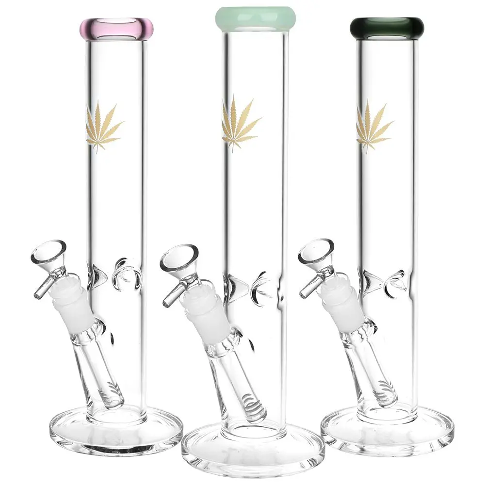 Gold Hemp Leaf Straight Tube Water Pipe - 12" / 14Mm F 1