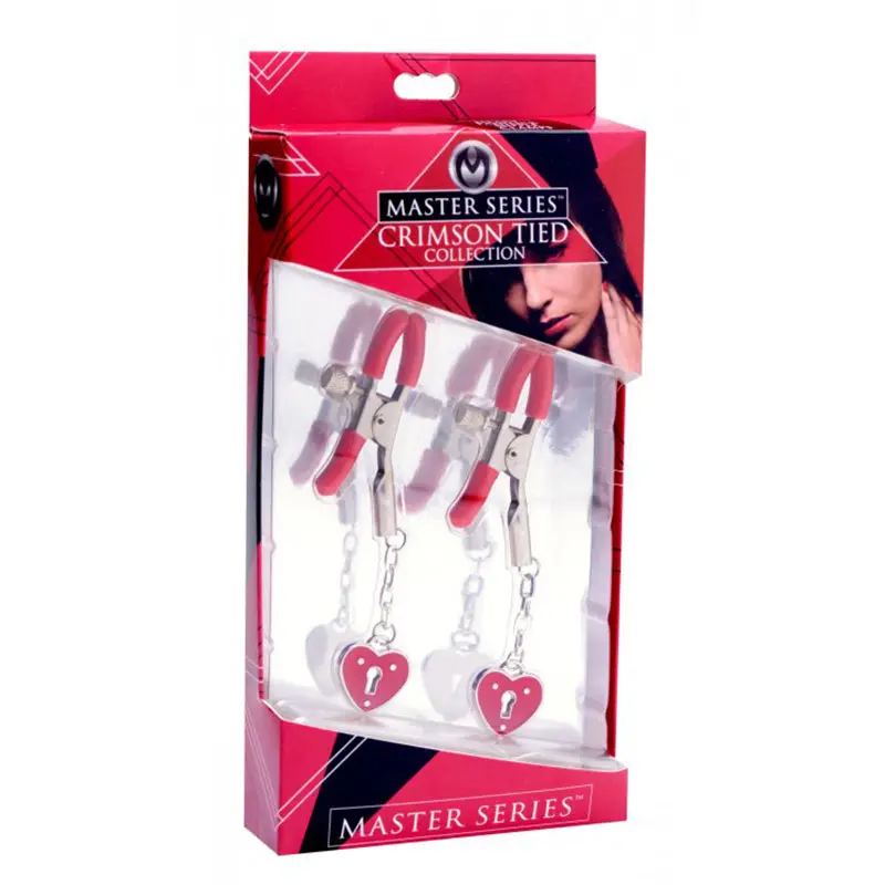 Masters Crimson Tied Charmed Heart Padlock Nipple Clamps 1