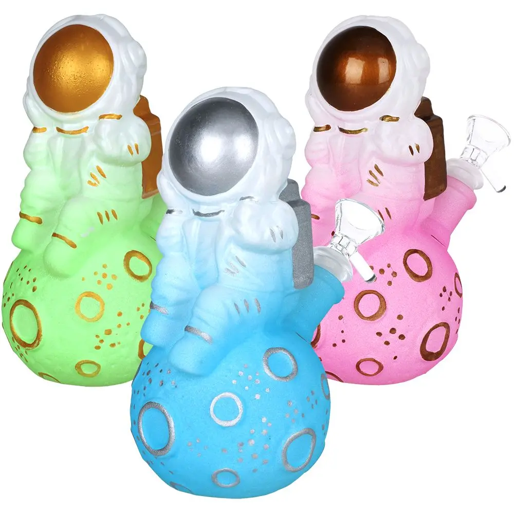 Dreamy Astronaut Glow In The Dark Painted Glass Water Pipe - 6.75" / 14Mm F / Colors Vary 1