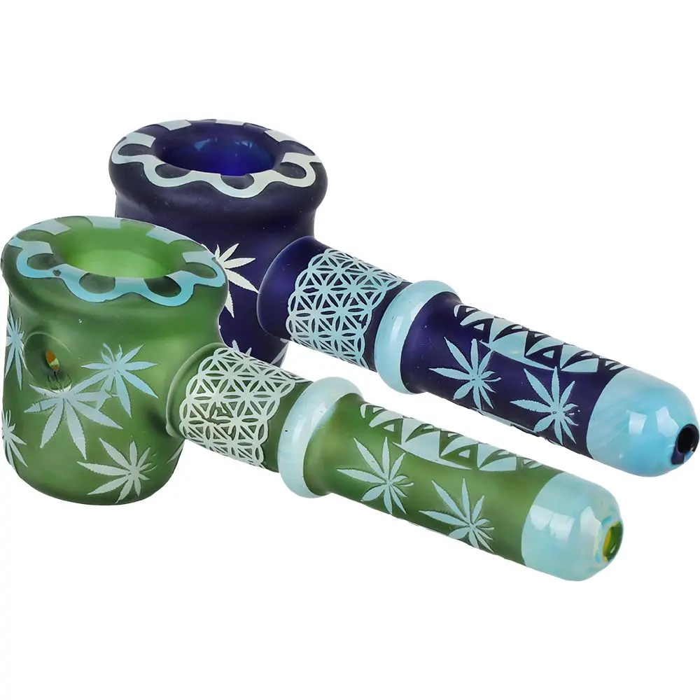 Flower Of Leaf Sandblasted Glass Hand Pipe - 4.75"" / Colors Vary 1