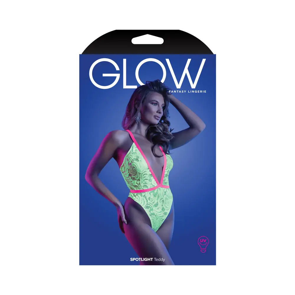 Fantasy Lingerie Glow Spotlight Contrast Elastic Lace Teddy With Snap Closure Neon Green S/M 1