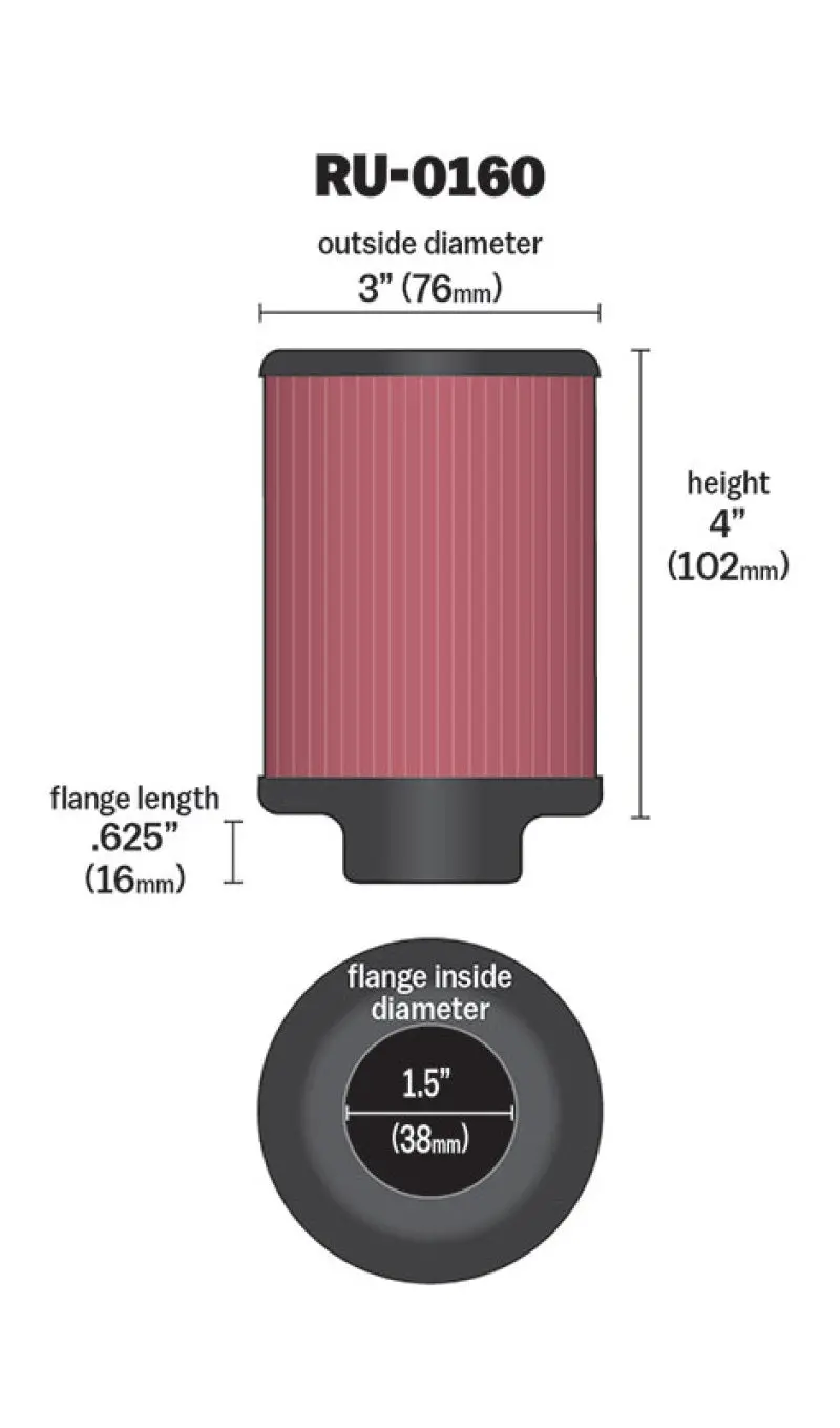 K&N Universal Rubber Filter 1 1/2In Flg 3In Od 4In Height 2